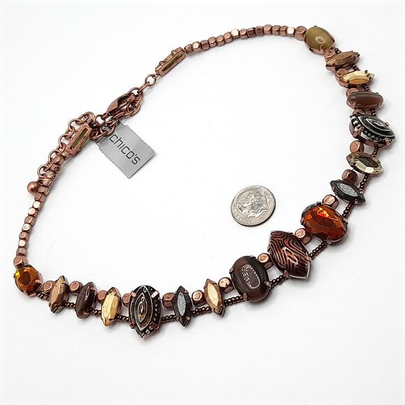 Chico’s Helena Bronze Art Bead Necklace Two Strand NWT 20” Statement - Picture 8 of 12